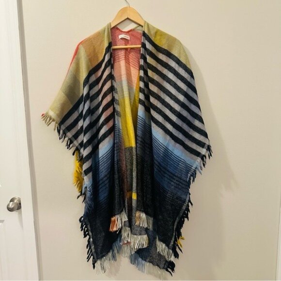 Anthropologie By Anthropologie – Colorful Striped Wool Blend Fringe Ruana Poncho - Picture 5 of 16